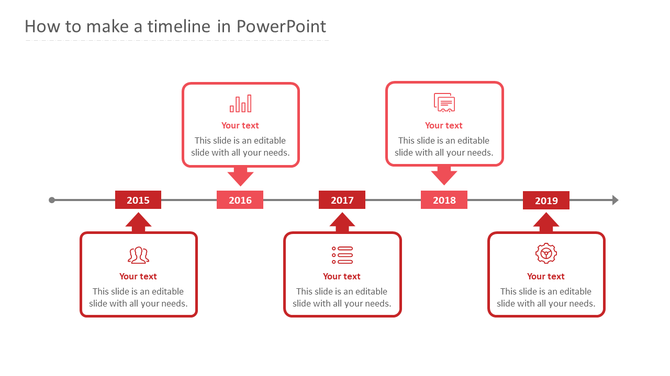 Step by step guide on how to create a timeline in PowerPoint with milestone markers from 2015 to 2019 with icons.