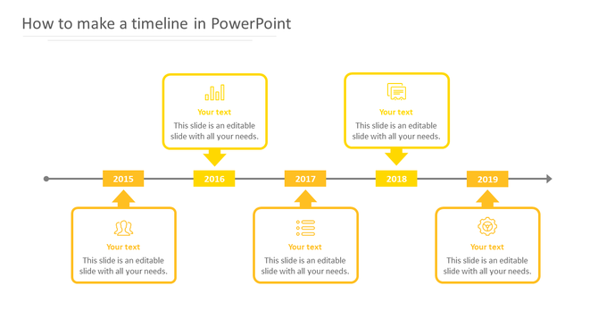 Yellow timeline from 2015-2019 with rectangular markers and alternating text boxes with icons above and below the horizontal line. 
