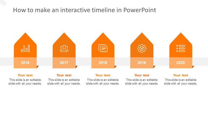 Gradient orange timeline from 2016-2020 with pentagon-shaped icons featuring symbols, years, and placeholder text below. 