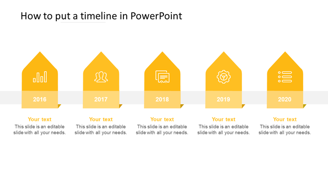 Yellow gradient timeline from 2016-2020 with pentagon markers containing icons, years, and placeholders on a horizontal bar.