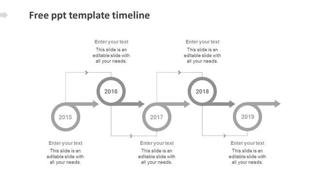 Curved timeline infographic from 2015 to 2019 with markers connected by rightward arrows, featuring placeholders for text. 