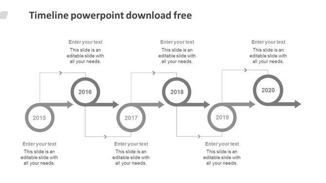 Gray six step timeline with curved arrows linking circular year markers from 2015 to 2020, with placeholders text areas.