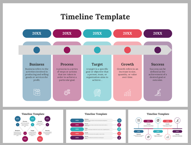 Slide deck featuring timeline template with colorful sections, highlighted with icons and descriptions.