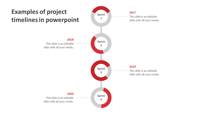 Red and gray circular timeline with sprint labels for year from 2017 to 2020, connected by lines, with space for text.