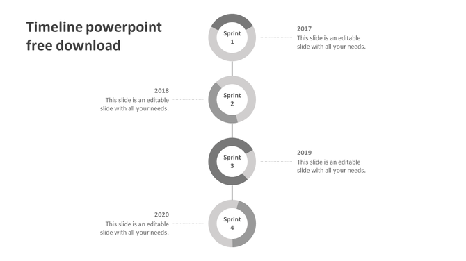Monochrome sprint timeline with four markers, each showing a sprint number, connected by a vertical line with years.