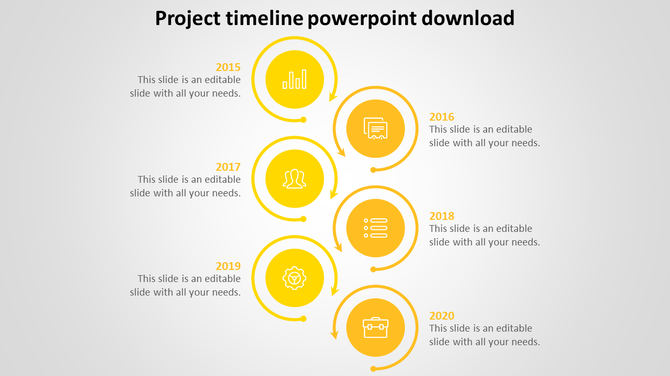 SmartArt project timeline template with a vertical flow of yellow circular milestones from 2015 to 2020 with icons and text.