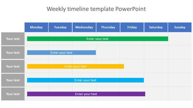 Weekly timeline slide format with color coded tasks across each weekday, including placeholders for text entries.