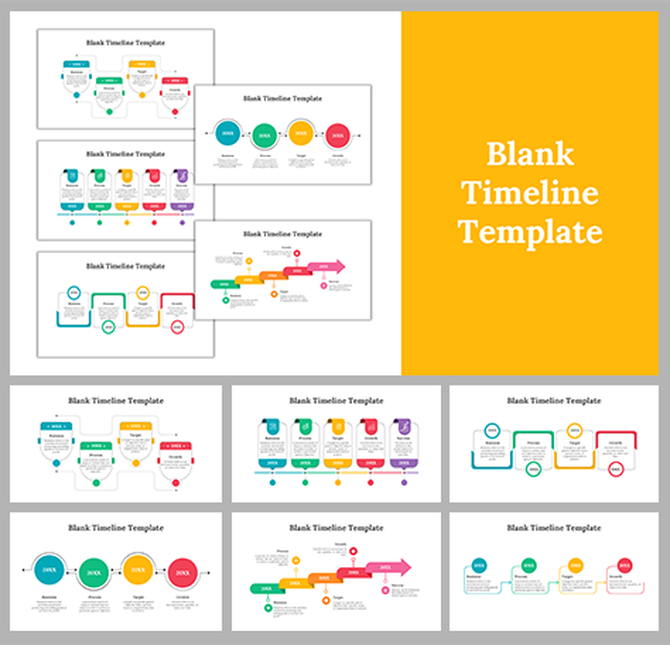 Set of blank timeline PowerPoint slides featuring multiple colorful layouts with icons and text descriptions.