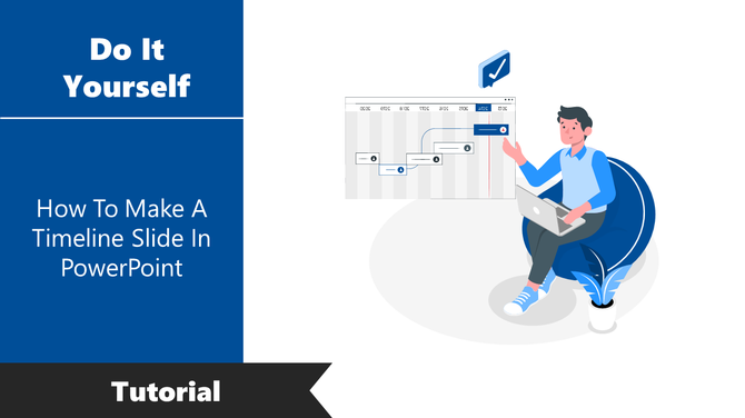 PowerPoint tutorial on making a timeline slide, with a user interacting with the software on a blue and white backdrop.