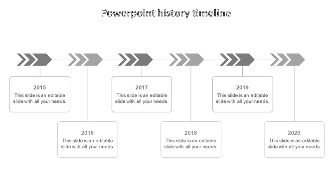History timeline PowerPoint template with five grey arrow markers and text placeholders on a white backdrop.