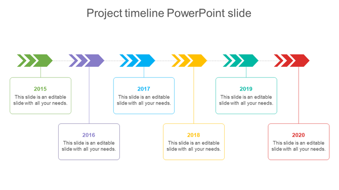 Timeline featuring arrows in green, purple, blue, yellow, teal, and red, marking the years 2015 to 2020.