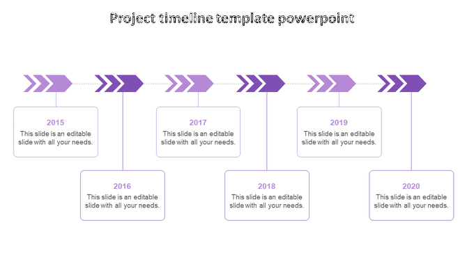 Slide with purple arrows pointing right, connected to six text boxes below, each with year from 2015 to 2020.