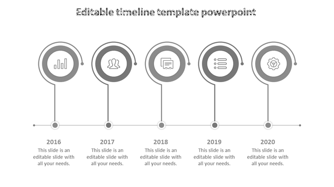 Timeline layout with five circular year markers in gray, connected by lines, and text areas below.