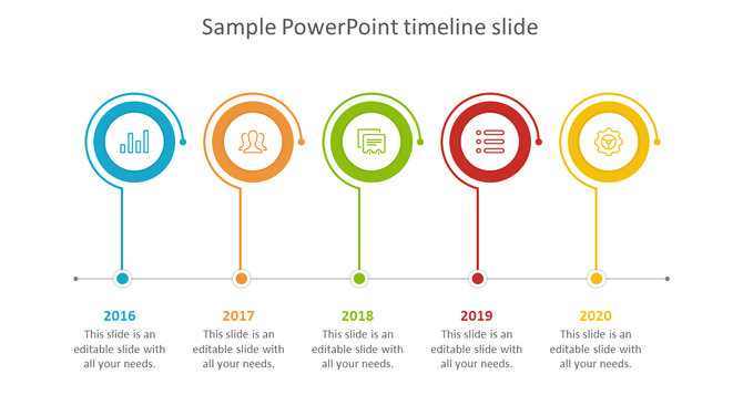 Sample timeline PowerPoint slide featuring milestones with color coded icons for each year from 2016 to 2020.