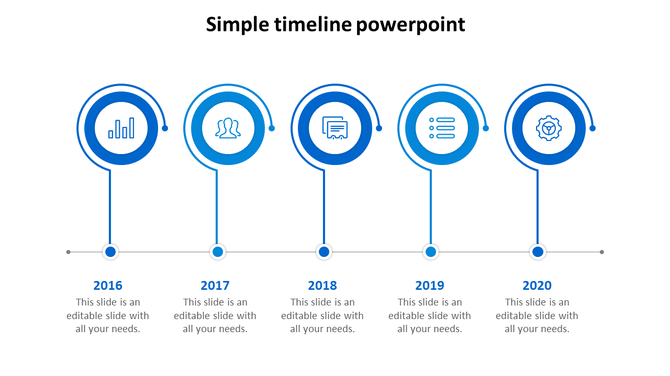 Blue-themed timeline with circular icons for the years 2016 to 2020, connected by lines, with placeholder text.