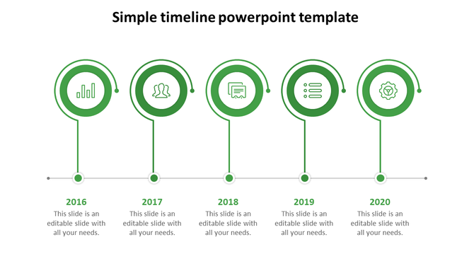 Green themed simple timeline PowerPoint template with circular milestone markers with placeholder text.