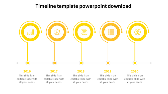 Yellow timeline with five milestones, each containing an icon, connected by a thin horizontal line with vertical connectors. 