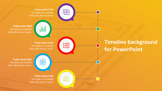 Vertical timeline with five colorful speech bubble icons connected by a dotted line, set on an orange gradient background.