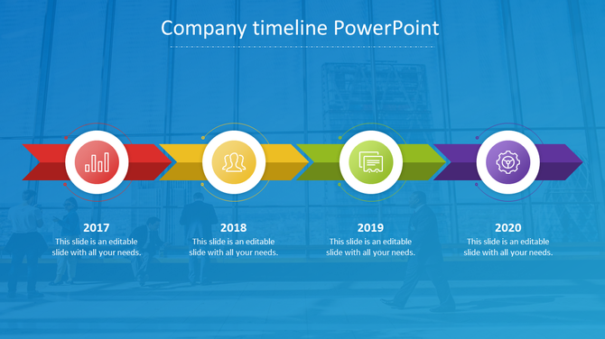 Company timeline with four colored arrow segments from 2017 to 2020, each containing an icon and text, on a blue background.