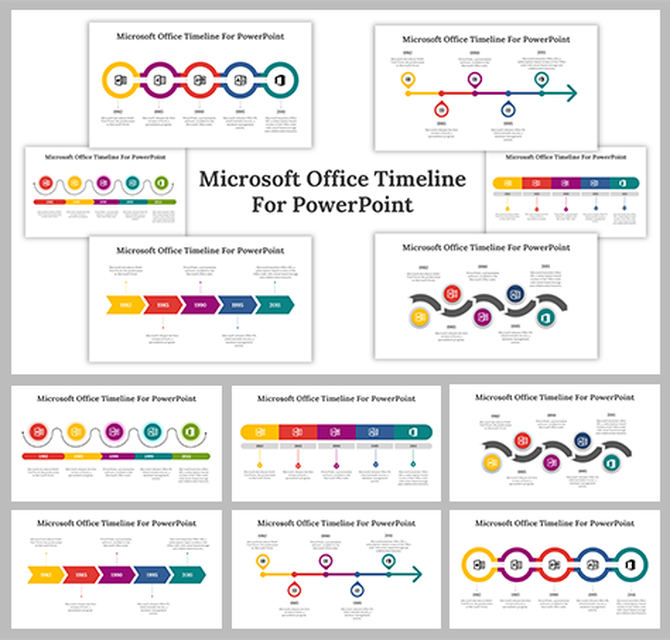Slide deck featuring multiple timeline templates in different styles, colors, and formats for professional use.