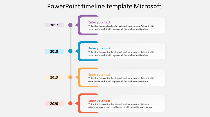 Vertical timeline template with milestones for the years, connected by a central line with curved sections and caption areas.