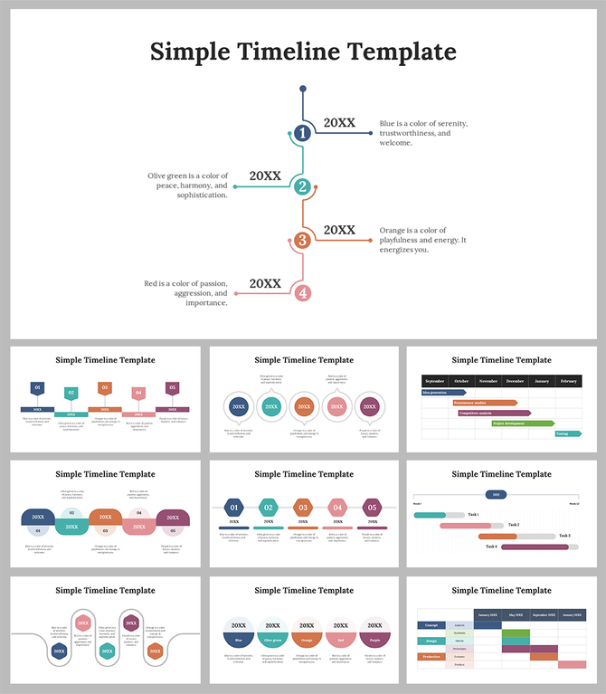 Simple timeline PPT slides with colorful circles and text highlighting key years and color meanings in different layouts.