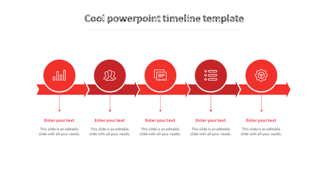 Timeline with five circular red markers and arrows, featuring icons and text placeholders below.