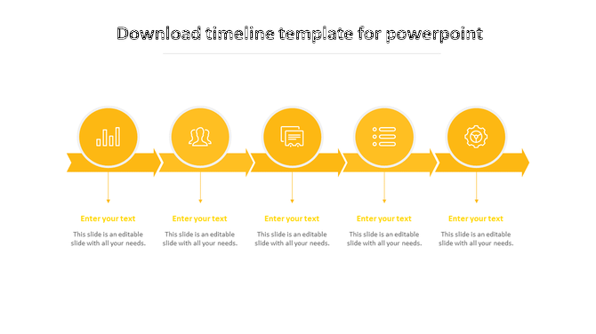 Yellow themed timeline PowerPoint template with five circular icons with connected arrows and placeholder text.
