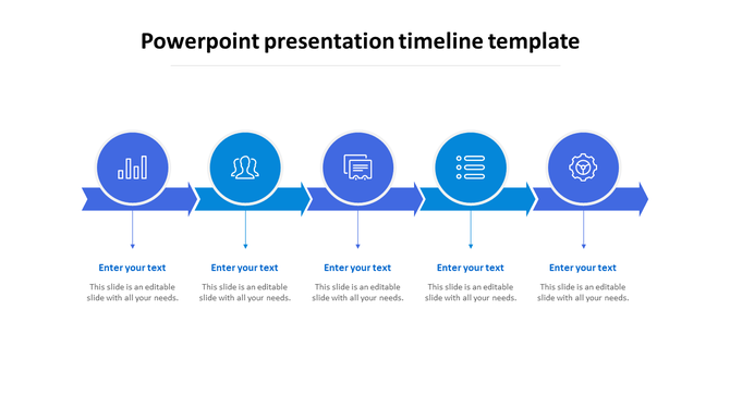A sleek PowerPoint timeline slide showcasing a linear progression of milestones with text sections and icons.