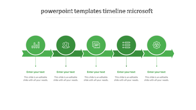 Minimalist timeline with five green circular milestones, each linked by arrows, featuring icons and text placeholders. 