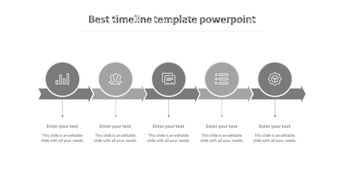 Gray timeline with five circular icons for each step, connected by arrows, and text placeholders below.