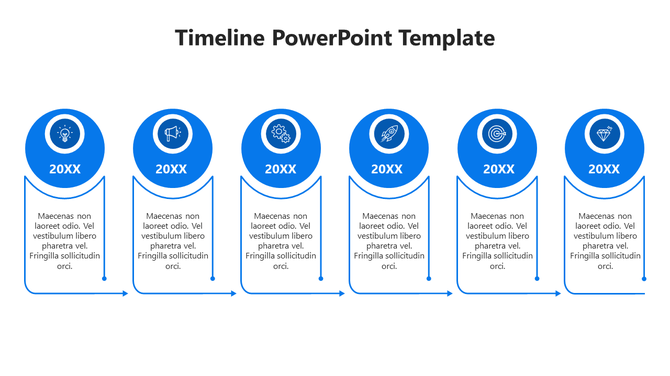 Modern timeline PowerPoint template with six blue circular icons, and text placeholders on a white backdrop.