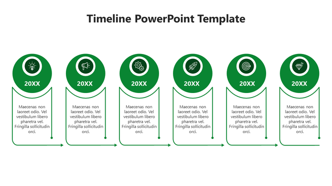 Horizontal timeline with six green circular icons, each labeled '20XX' and connected to text boxes with curved arrows.