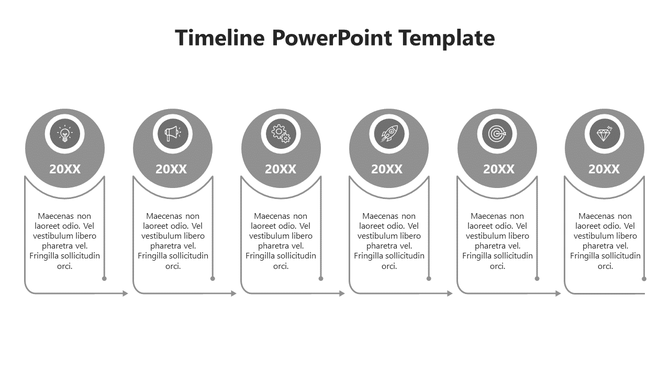Linear timeline PowerPoint template with six labeled milestones, each with icons and descriptive text boxes.