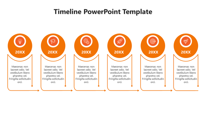 Timeline design featuring six orange circular icons, each with a year and an icon, with text boxes below.