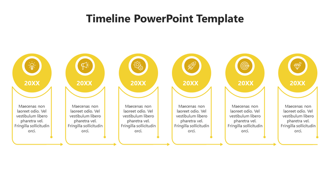 Horizontal timeline with six yellow circle markers, each representing a year and an icon, with arrow framed text box below.