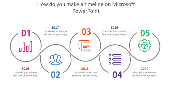 Timeline diagram for Microsoft PowerPoint slide showing five years with numbered circles and color coded icons with text.