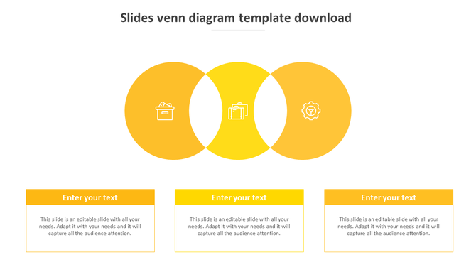 Venn diagram PowerPoint slide featuring overlapping yellow circles with business related icons and text boxes.