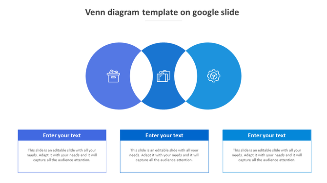 Venn diagram PowerPoint slide featuring overlapping blue circles with business related icons and text boxes.