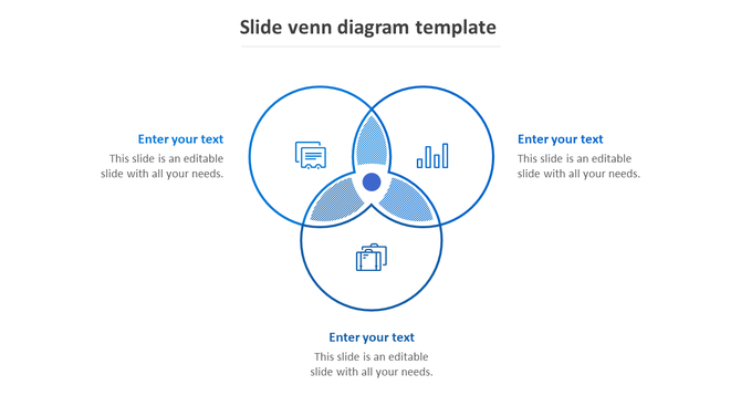 Venn diagram PPT slide featuring three blue overlapping circles and business related icons with placeholder text.