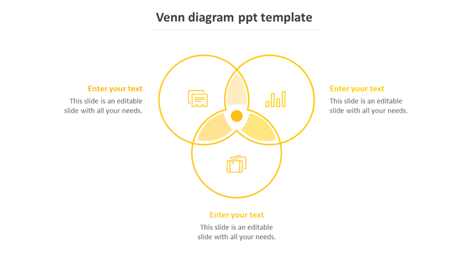 Venn diagram in yellow with three overlapping circles and icons, featuring space for text around the diagram.