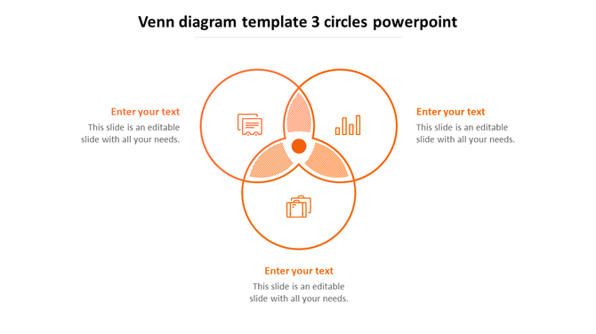 Venn diagram PPT slide featuring three orange overlapping circles and business related icons with placeholder text.