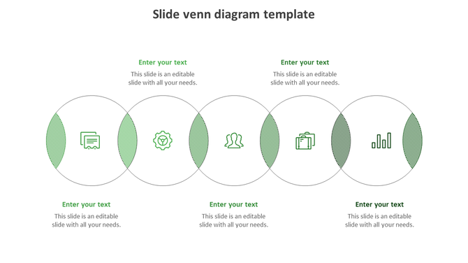 Minimalist green Venn diagram PPT Google Slides, illustrating five interconnected circles with business related icons.