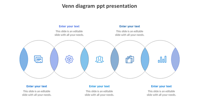 Blue themed venn diagram template featuring five overlapping circles with striped intesecting segments and icons.