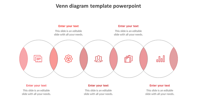 Minimalist red Venn diagram with five outlined circles, icons for document, and analytics, with red striped segments.