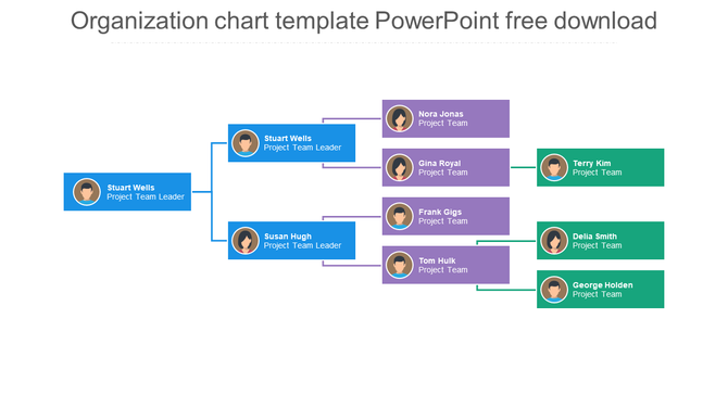 Organization chart with blue, purple, and green rectangular boxes with circular icons, displaying team hierarchy.