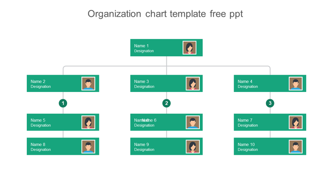 Hierarchical organizational chart with green rectangles, featuring profile icons and numbered gray connector lines.