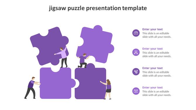 Illustration of four people assembling large purple puzzle pieces, with four business icons and captions on the right.