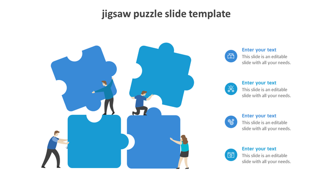 Blue jigsaw puzzle infographic with four interlocking pieces and illustrated people assembling them, with text placeholders.