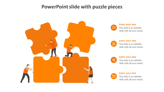 Collaboration concept with people assembling orange puzzle pieces, linked to four orange icons and text sections.